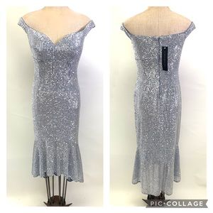 Aidan Mattox fully sequin off shoulder sweetheart neck midi mermaid dress